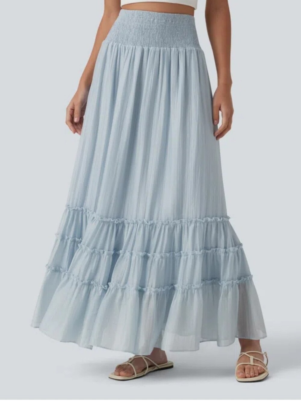 Light Blue Tiered Maxi Skirt - Smocked Waist